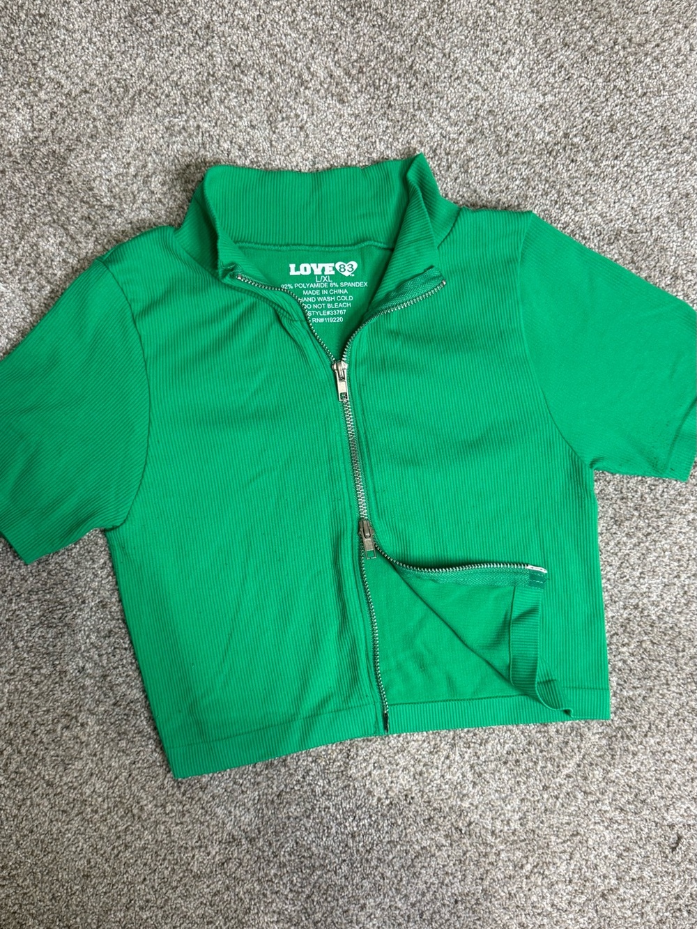 Love Bright Green Ribbed Short-Sleeve Zip Crop Top